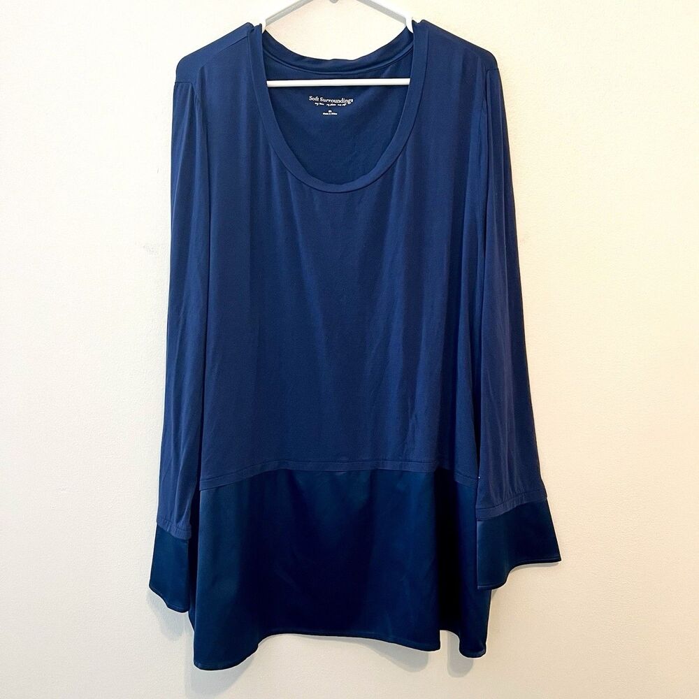 Soft Surroundings 2X Tita Tunic Blue Knit w/Satin Trim Long Sleeve Scoop Neck